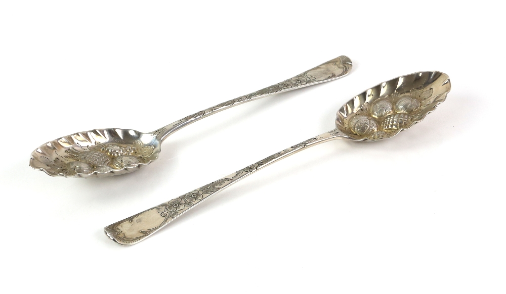 Pair of George III silver berry spoons, with engraved and embossed decoration, maker's mark 'SG' - Image 2 of 5