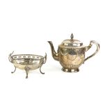 German silver teapot, decorated with ribbon and swag border and vacant cartouche, stamped 800, the