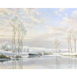 Roger Charles Desoutter, British b. 1923, 'Winter river landscape with barge, signed, oil on canvas,