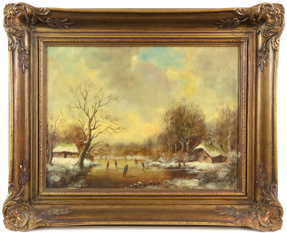 Stephan de Haan, 20th century, ice skating on a frozen river, signed, oil on canvas, 28.5cm x 38. - Image 2 of 3
