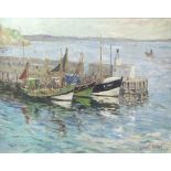 Ernest Knight, British 1915-1995, 'Three Frenchmen, Brixham, 1959', boats in harbour, signed, oil on