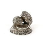 Modern silver group of two hedgehogs at a food or water bowl by Country Artist, Birmingham 1993. 4