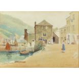 W E Croxford, British 1852-1926, Devon/Cornwall harbour scene with figures, signed and dared '96,