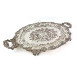 Silver plated presentation twin-handled tray with moulded grapevine decoration on four scroll