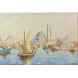 H Sharif, 20th century, view of a Middle Eastern city with boats coming into port, signed,