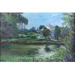 James Holland, British 20th century, riverscape with buildings and trees, signed, oil on board, 39cm