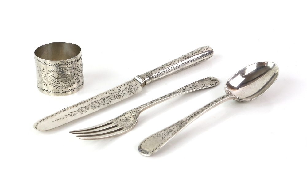 Victorian silver christening set comprising knife, fork, spoon and napkin ring, by Goldsmiths' - Image 2 of 7