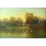 English school, Village by a river, oil on canvas, signed indistinctly, 35cm x 52cm together with an