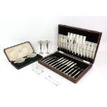 Selection of silver to include a George V set of silver-handled dessert knives and forks, by