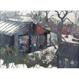 James Holland, British 20th century, 'Farmyard under snow, Romford Pembury, Kent', signed, oil on