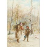 W Duncan, British 1848-1932, woodsman with a young boy carrying an axe, signed and dated 1902, 26.