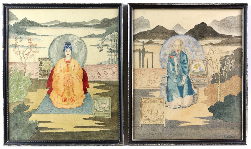 D Y Gooderson, 20th century, 'Chinese I' and 'Chinese II', depicting a man and lady in an outdoor