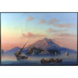 19th century Neapolitan School, Fishermen at sunset, gouache, 48cm x 63cm overallProvenance: by