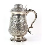 George IV silver tankard, by William Bateman I, London 1820, the body, foot and cover decorated