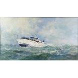 John Heseltine, British b. 1923, power cruiser at sea, signed, oil on board, 48.5cm x 89cm,