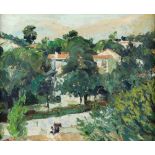 20th century, Continental School, landscape with buildings and trees, indistinctly signed, oil on