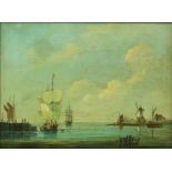 19th century oil on canvas of a ship coming into a harbour with windmill to background, indistinct