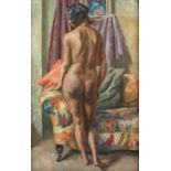 Early to mid 20th century oil on canvas, a nude standing by a sofa, bearing label for 'Mayor Gallery