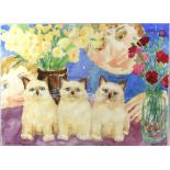 Fiona Payne (20th Century). A trio of Siamese Kittens with Admirers, watercolour, signed lower left,