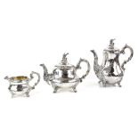 Victorian silver three piece tea service, comprising tea pot, hot water jug and cream jug, with