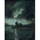 19th Century oil on panel, moonlit castle and figure by a stream, pair, unsigned, 24cm x 18cm