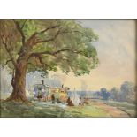 C F W Dening, British c. 1876-1953, gypsy encampment with caravan close to a large tree, signed,