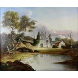 19th century English school romantic landscape with ruins, oil on canvas, signed with initials and