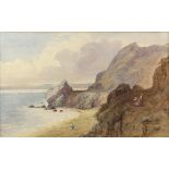 C Woolnoth, British 1815-1906, seascape with figures on a low cliff, signed, watercolour, 22cm x