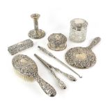 Modern silver-mounted dressing table set, by W I Broadway & Co, Birmingham 1974/5, comprising