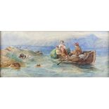 19th century English School, coastal landscape with figures in a boat and dogs swimming, signed with