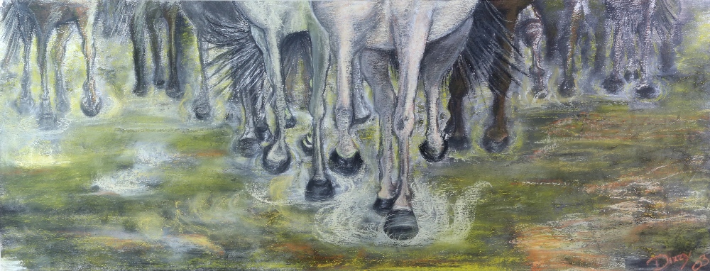 Dizzy (20th century). Galloping Horses. Oil pastel 2006. Signed and dated lower right, 38cm x 102cm,