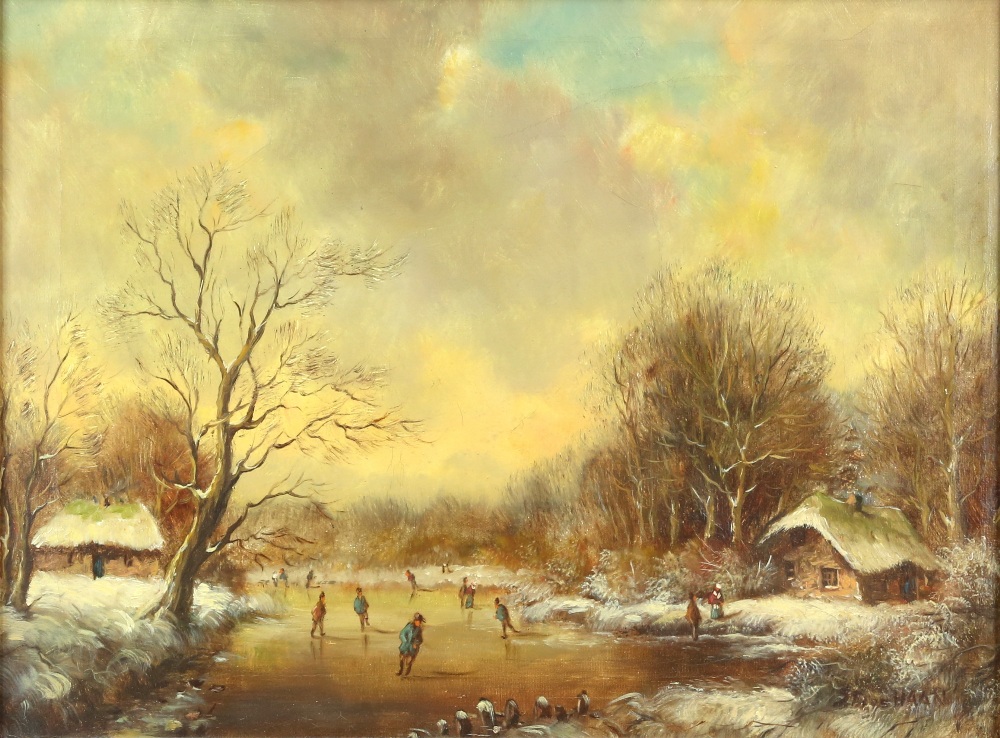Stephan de Haan, 20th century, ice skating on a frozen river, signed, oil on canvas, 28.5cm x 38.