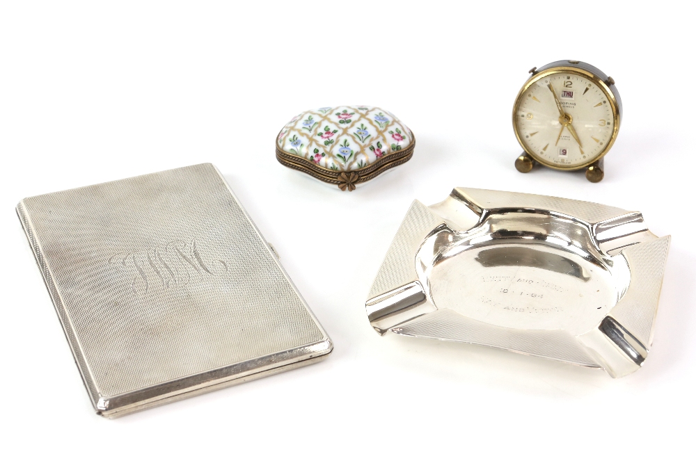 Modern silver ashtray, square with capped corners and engine-turned decoration to borders, by Lanson