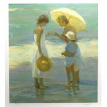 Don Hatfield (American, b.1947), beach scene of female figures with a parasol, lithograph, signed