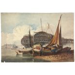 English School 19th Century/ in the manner of Edward William Cooke. Loading supplies to moored ships