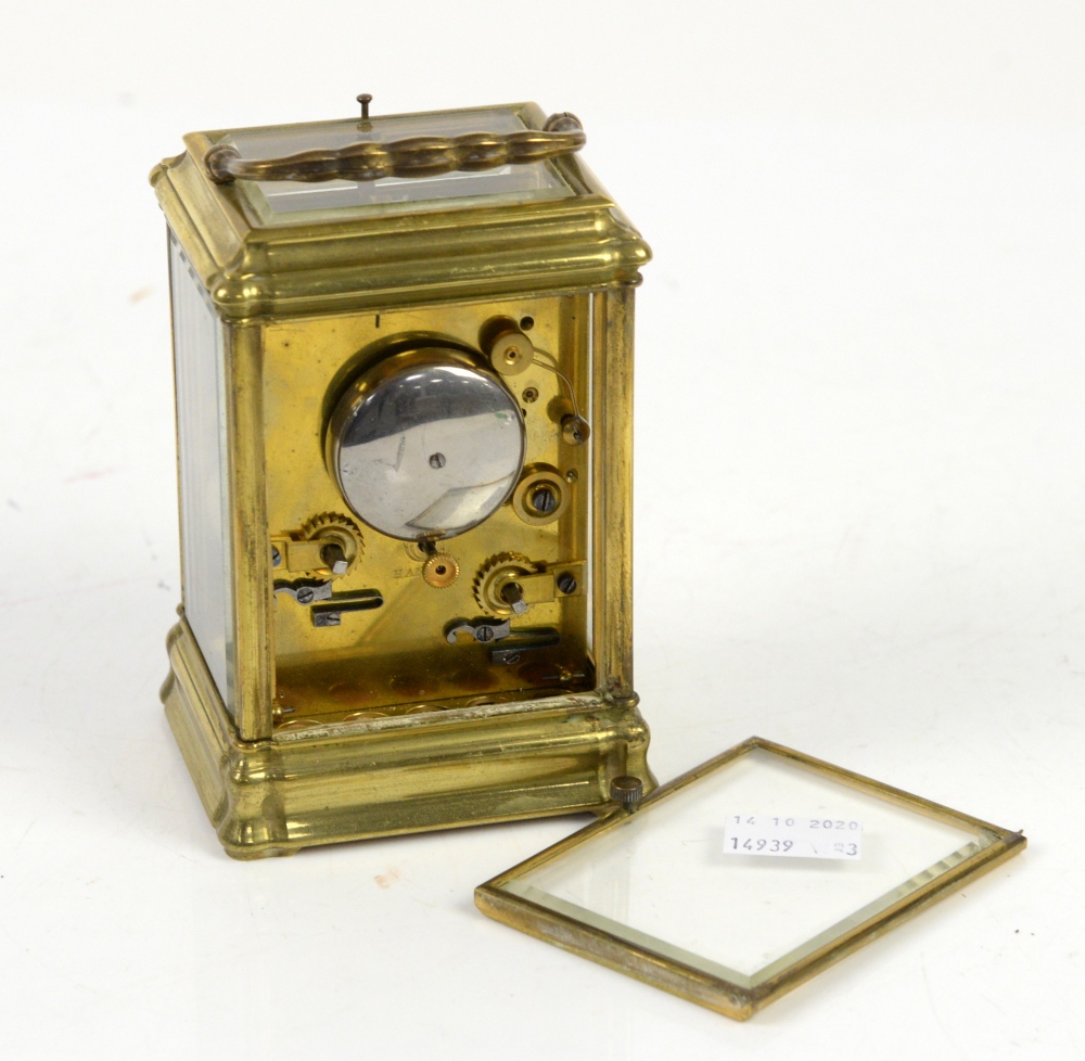 French brass repeating carriage clock, brass gorge case, white enamel dial with Roman numerals and - Image 2 of 5