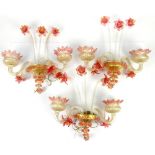Three Murano clear and pink glass two branch wall sconces, decorated with flowers, H42 x W45cm (3)