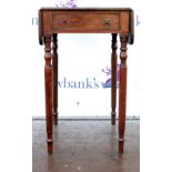 19th century mahogany sewing table with a single drawer ( and one dummy) on turned legs. 70H x 72W x