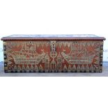 20th century Kuwaiti brass studded mahogany chest, decorated with sailing ships, 147cm x 59cm x 50cm