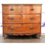 19th century flame mahogany bow fronted chest of two short over two long drawers on splayed feet.