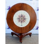 19th century mahogany round compass breakfast table on column support on tripod base with painted