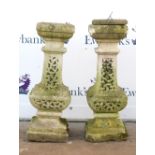 Pair of composite stone pedestals, one with sundial to top (other missing sundial), H76cm and H80cm