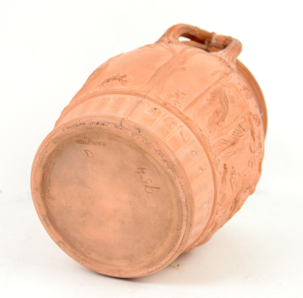 Wedgwood terracotta two handled urn moulded with Bacchanalian figures after the antique, the base - Image 3 of 3