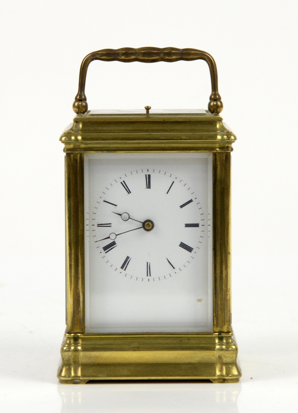 French brass repeating carriage clock, brass gorge case, white enamel dial with Roman numerals and