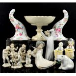 Three Lladro figurines, Aluminia girl and boy, five German porcelain musician cherubs, two Compton