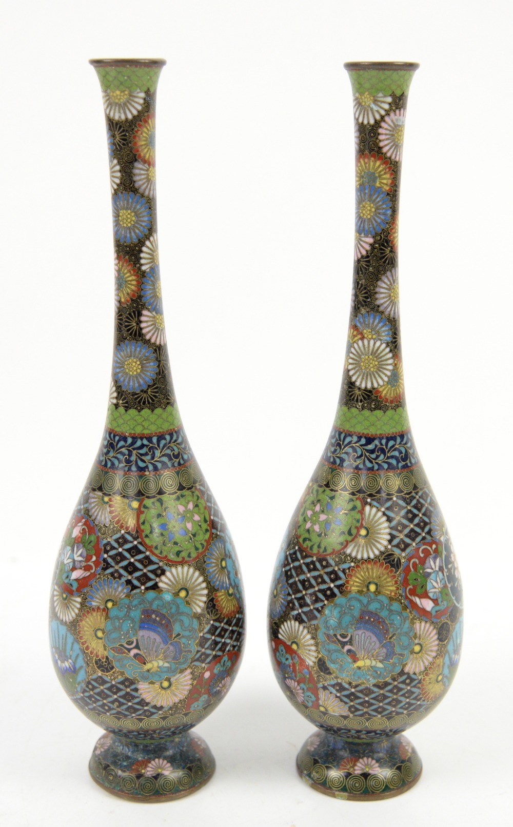 Pair of cloisonne stem vases decorated with flowers to the neck, and butterfly and cherry blossom - Image 4 of 8