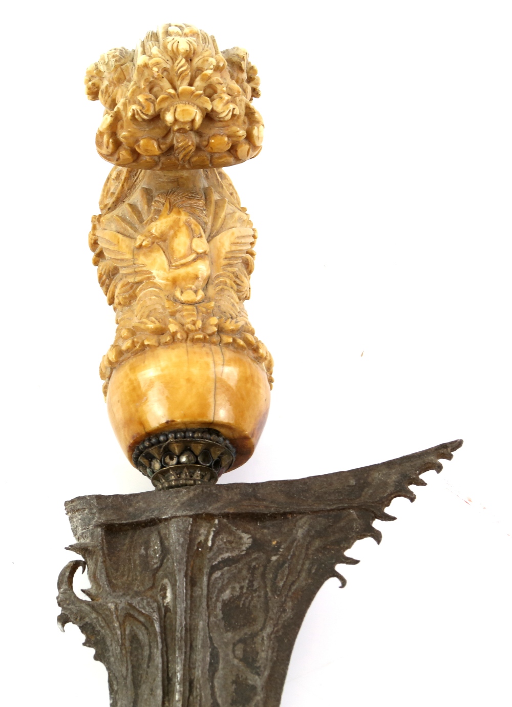 Southeast Asian Kris, the ivory handle carved with a flying horse, and foliate scrolls, and set with - Image 12 of 14