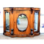 Late 19th century walnut serpentine credenza, the mirrored shaped back above a white marble top,