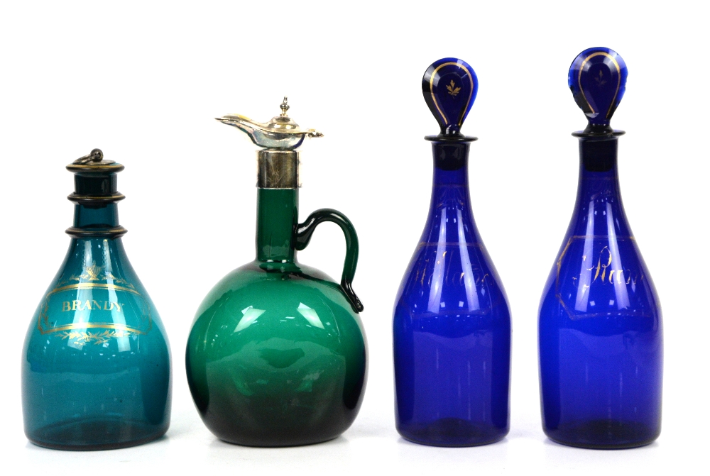 19th century blue/green glass decanter and stopper with two-ring neck, gilt highlights and