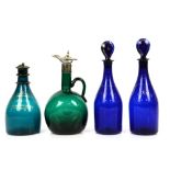 19th century blue/green glass decanter and stopper with two-ring neck, gilt highlights and